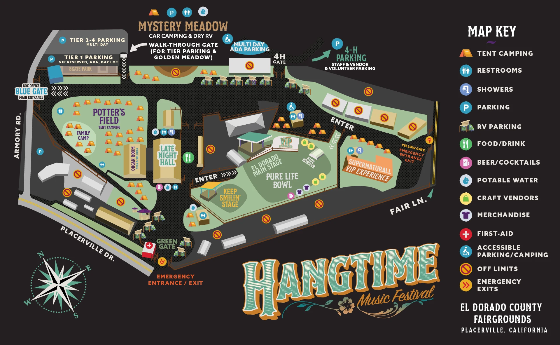 Illustrated map of the HangTime Music Festival grounds at the El Dorado County Fairgrounds