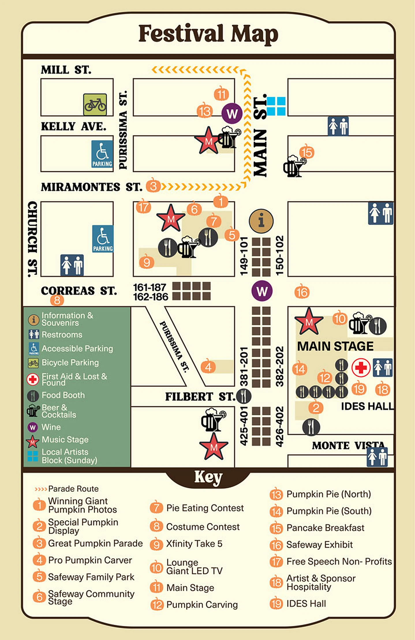 Illustrated map of the Half Moon Bay Art & Pumpkin Festival on Main Street, from Mill St to Monte Vista